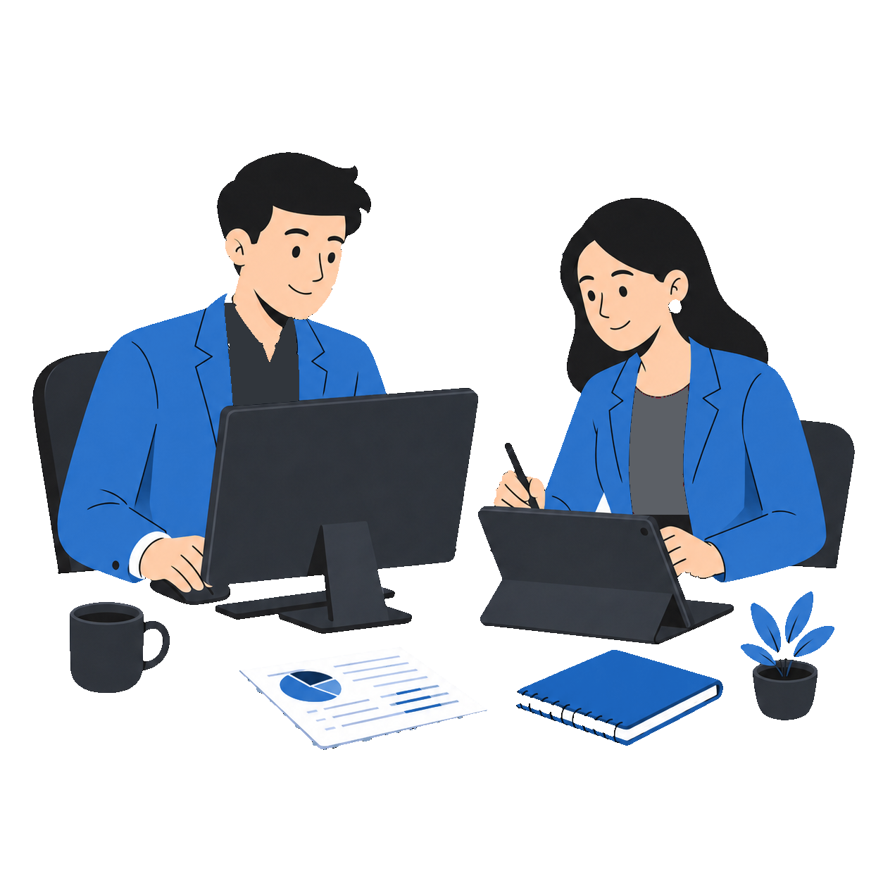 Illustration of two colleagues reviewing business data together at a desk